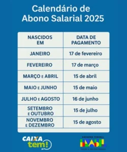Infográfico com o calendário de pagamento do Abono Salarial 2025 para nascidos entre janeiro e dezembro, com datas detalhadas.