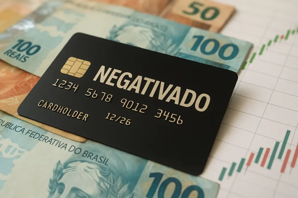 Cartão de crédito para negativado sobre notas de real brasileiro com gráficos financeiros ao fundo