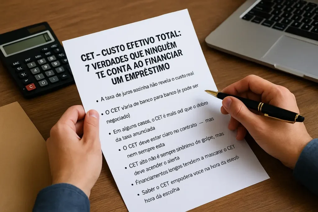 Pessoa analisa documento com o título "CET - Custo Efetivo Total" ao lado de calculadora e notebook sobre uma mesa de madeira.