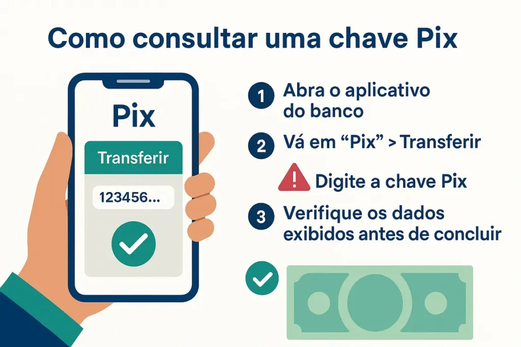 Infográfico ensina como consultar uma chave Pix no app do banco com etapas ilustradas, ícones de alerta e validação segura.