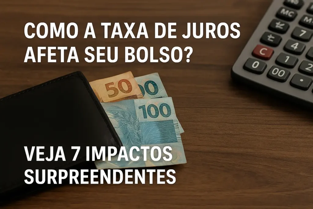 Imagem com carteira, notas de real e calculadora sobre mesa, ilustrando os impactos da Taxa de Juros no bolso do consumidor.
