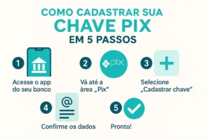 Infográfico ensina como cadastrar sua chave Pix em 5 passos simples pelo app do banco, com ícones e instruções visuais claras.
