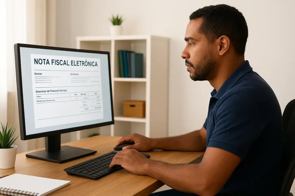 Empreendedor MEI emitindo nota fiscal de serviço pelo computador de forma prática e digital.