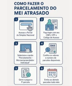 Infográfico passo a passo para fazer o parcelamento do MEI atrasado em 2025, com dicas visuais e orientações práticas e seguras.
