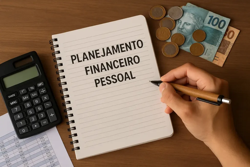 Mesa com caderno escrito “Planejamento Financeiro Pessoal”, calculadora, moedas, cédulas e mão segurando uma caneta.