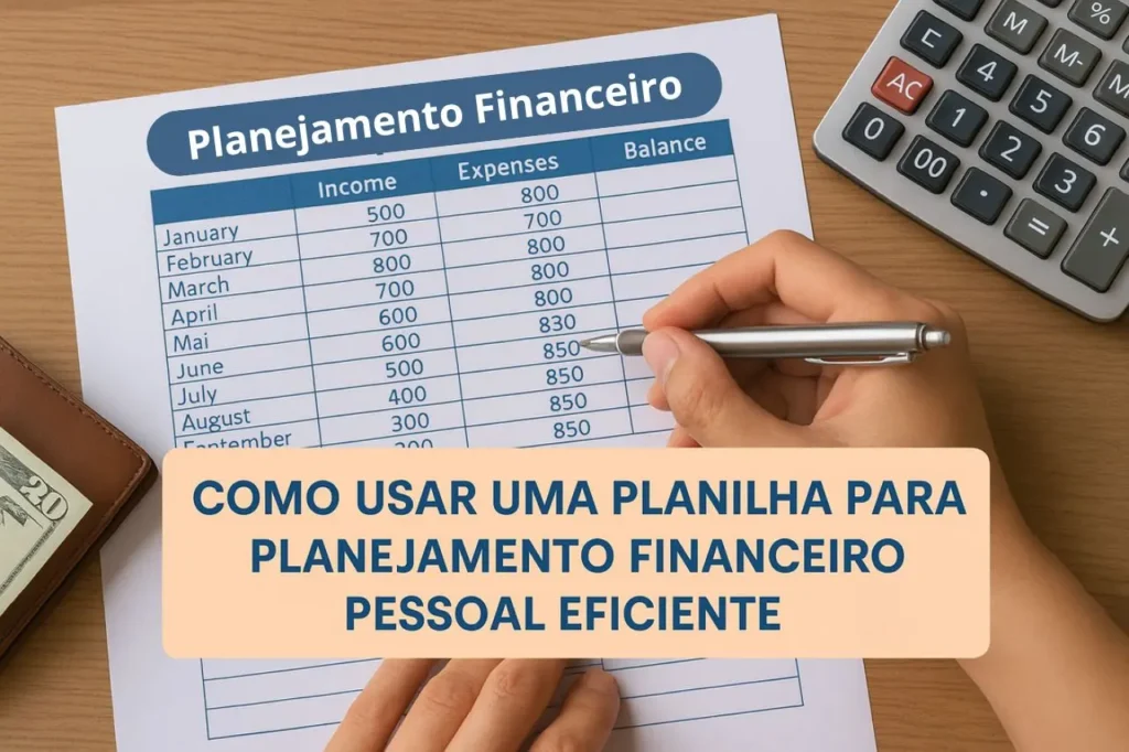 Imagem horizontal com planilha de planejamento financeiro, mãos escrevendo, calculadora e carteira ao lado, ideal para artigo sobre finanças.