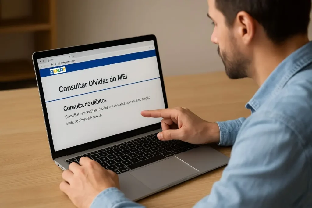 Homem consulta dívidas do MEI no site gov.br em notebook, visualizando a tela com dados sobre débitos e regularização.