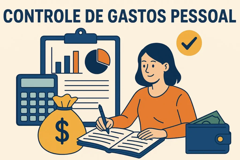 Ilustração sobre controle de gastos pessoal com mulher anotando finanças, calculadora, gráficos, dinheiro e carteira sobre a mesa.