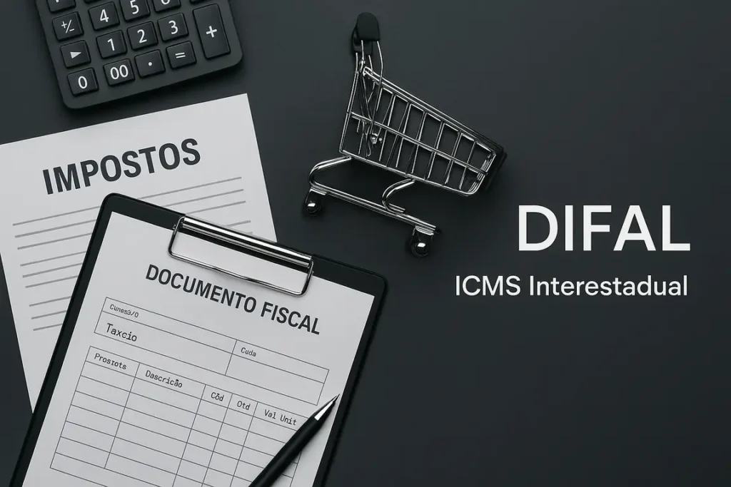 Imagem horizontal ilustrando cálculo do DIFAL, tabela de alíquotas e pagamento do ICMS interestadual para empresas em 2025, destaque fiscal