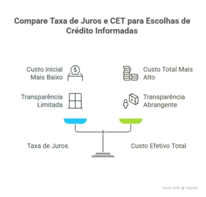 Balança ilustrativa compara taxas de juros, encargos e seguros para explicar o que compõe o Custo Efetivo Total (CET) de um crédito.