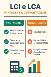 Infográfico sobre LCI e LCA. Vantagens: rentabilidade líquida maior, segurança FGC. Desvantagens: menor liquidez e declaração no IRPF.