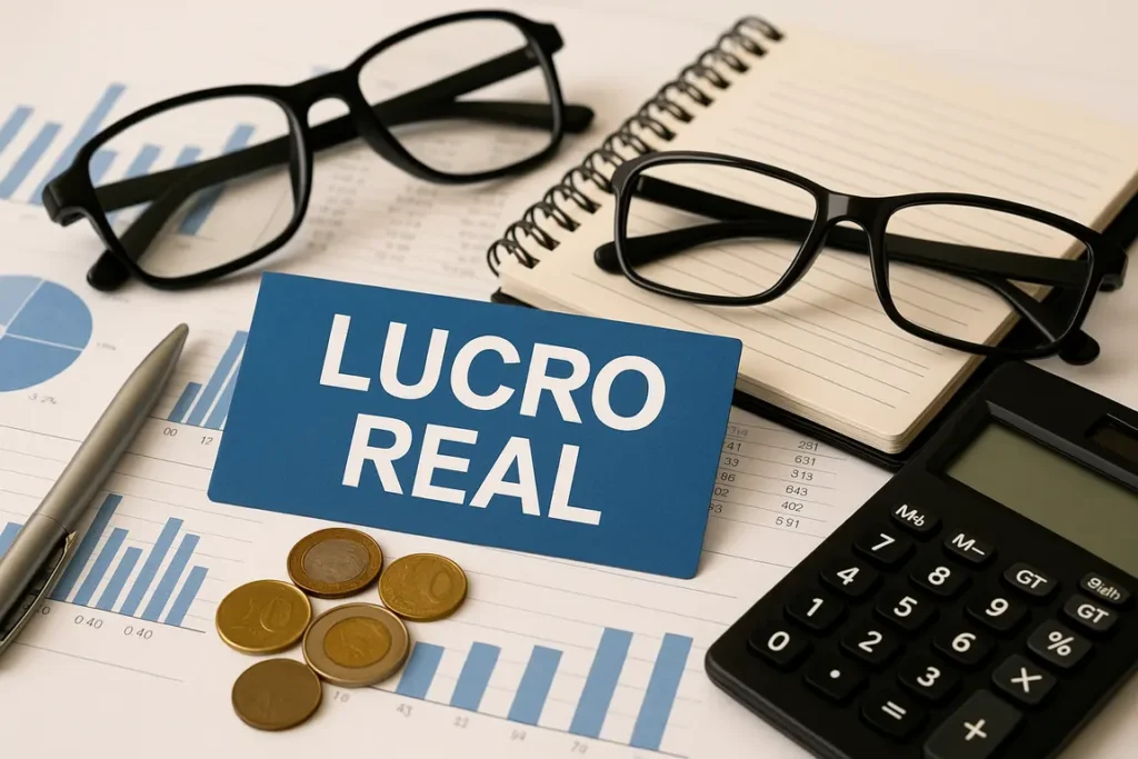 Imagem com óculos, calculadora, moedas e gráficos financeiros ao redor de um cartão azul com o texto Lucro Real em destaque.