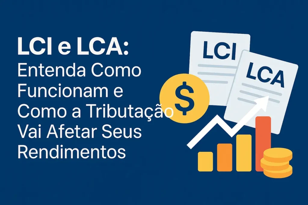 Imagem com gráficos e ícones financeiros ao lado do título “LCI e LCA: Entenda Como Funcionam e a Tributação nos Rendimentos”.