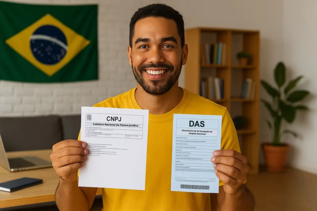 Empreendedor brasileiro sorridente segura documentos de CNPJ e DAS em coworking, com bandeira do Brasil ao fundo.