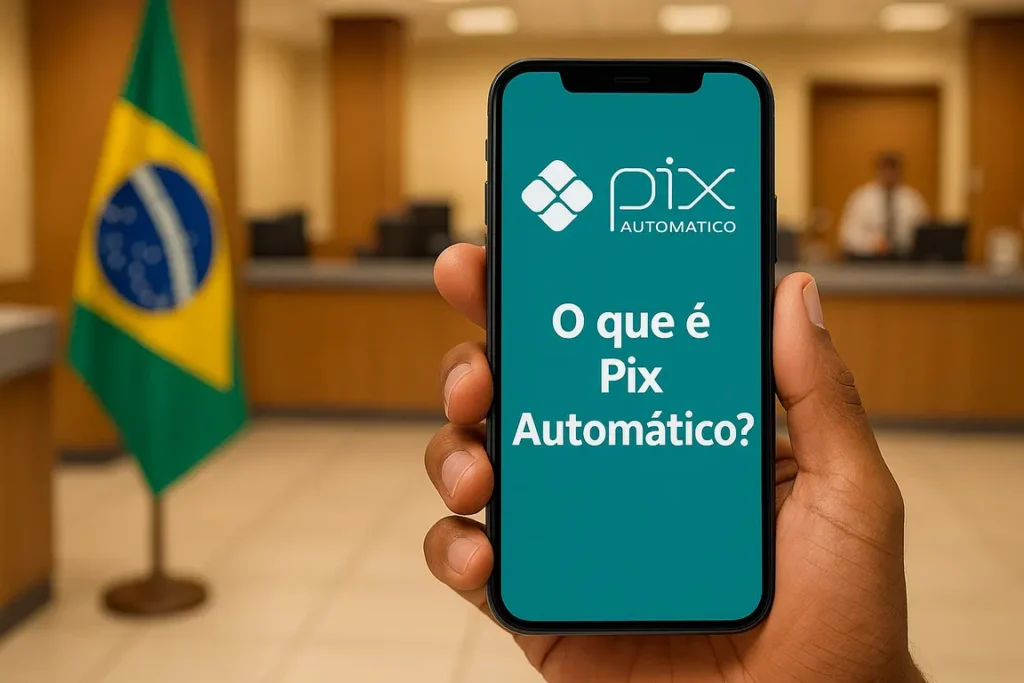 Mão segurando celular com tela do Pix Automático em um banco brasileiro, com bandeira do Brasil desfocada ao fundo.