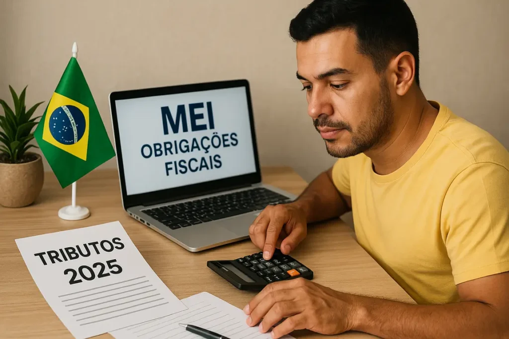 Microempreendedor brasileiro organizando documentos e emitindo nota fiscal para cumprir todas as obrigações MEI em 2025.