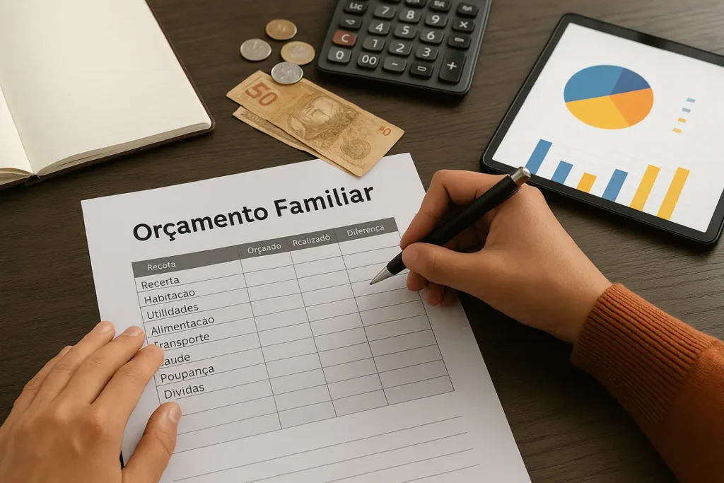 Pessoa preenche planilha de orçamento familiar com reais, moedas, calculadora e gráficos financeiros ao fundo em ambiente doméstico.