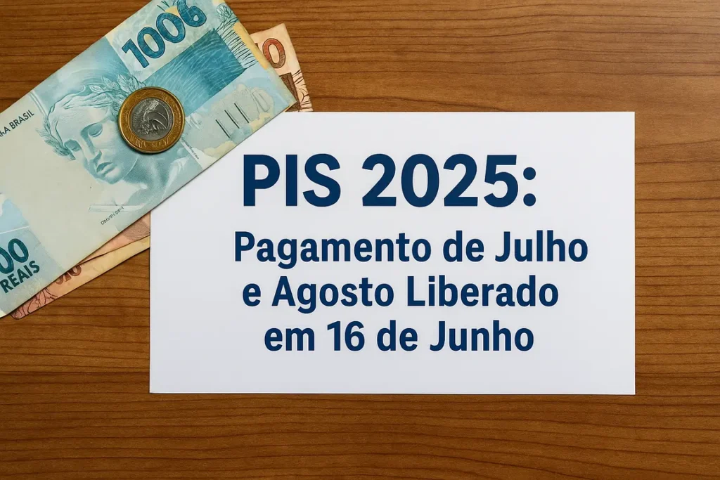 Imagem com aviso “PIS 2025: Pagamento de Julho e Agosto Liberado em 16 de Junho” com notas e moeda sobre mesa de madeira.