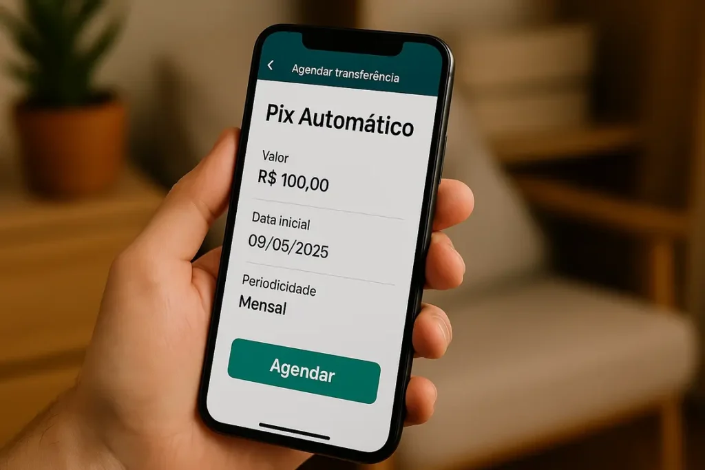 Pessoa segurando celular com app de banco aberto, simbolizando praticidade e automação nos pagamentos com Pix Automático.