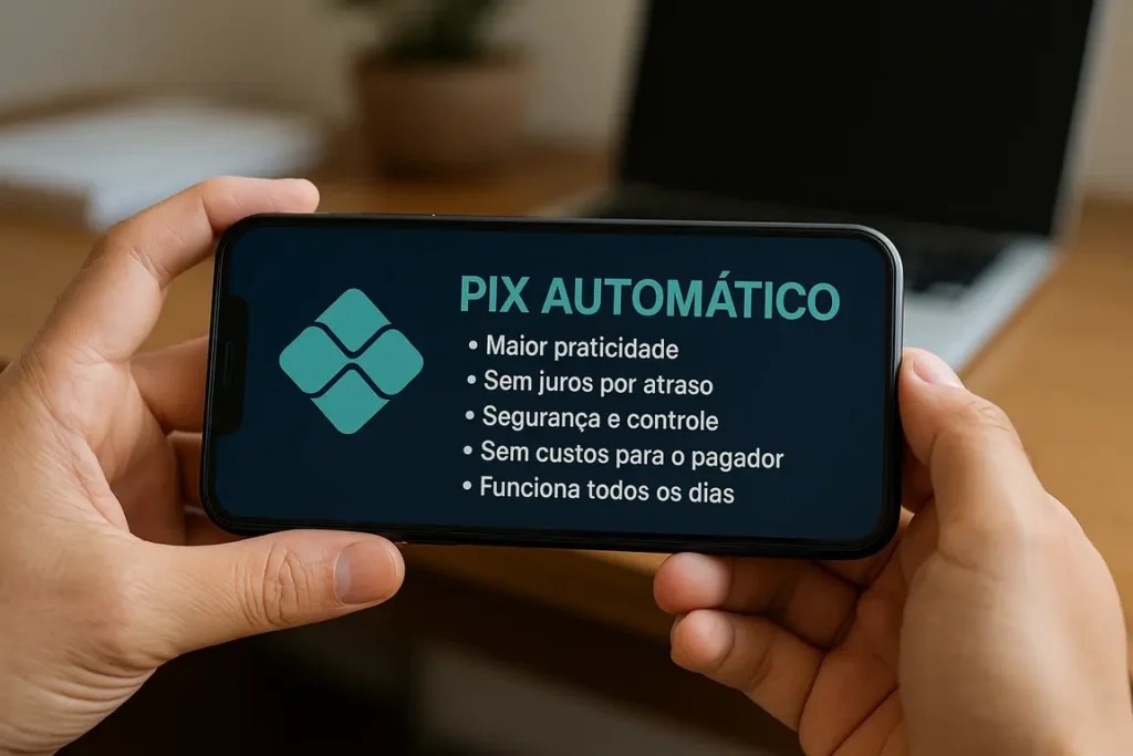 Pessoa segura celular com tela de agendamento de Pix Automático, simbolizando praticidade e controle financeiro diário.