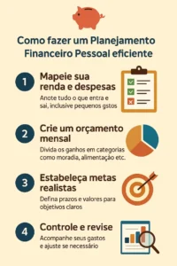 Infográfico colorido e didático mostra 4 passos essenciais para criar um planejamento financeiro pessoal eficiente em 2025.