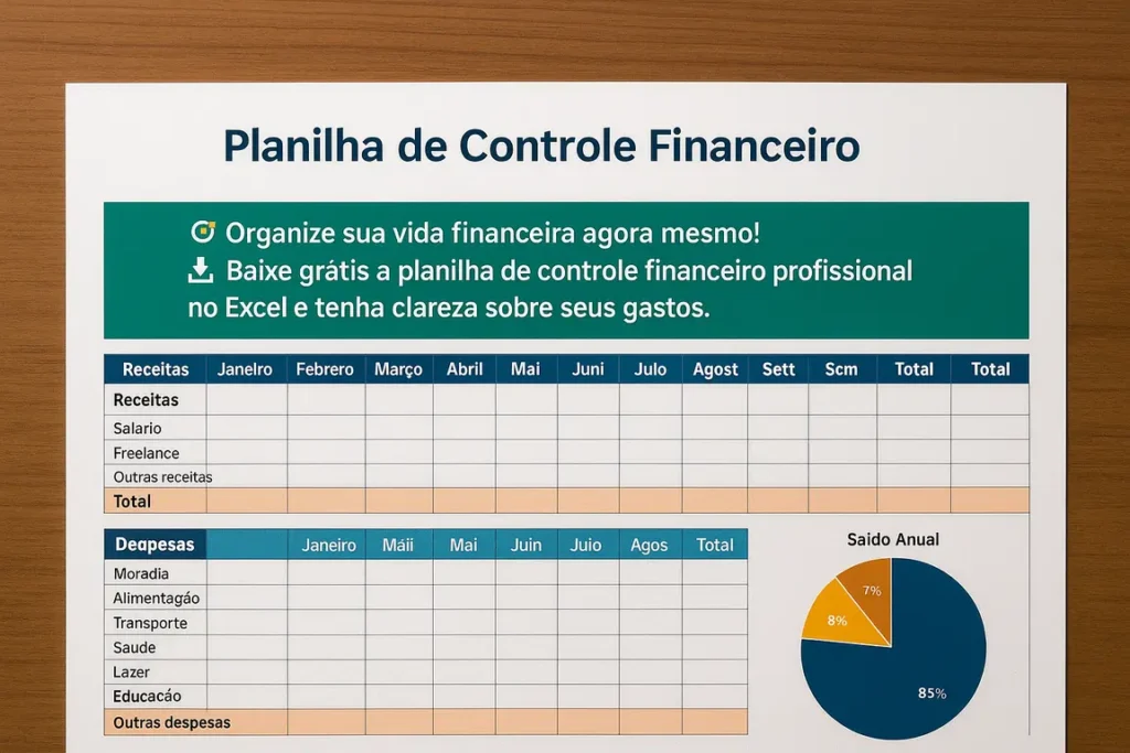 Planilha de controle financeiro Excel 2025 com receitas, despesas, gráfico de saldo anual e download gratuito.