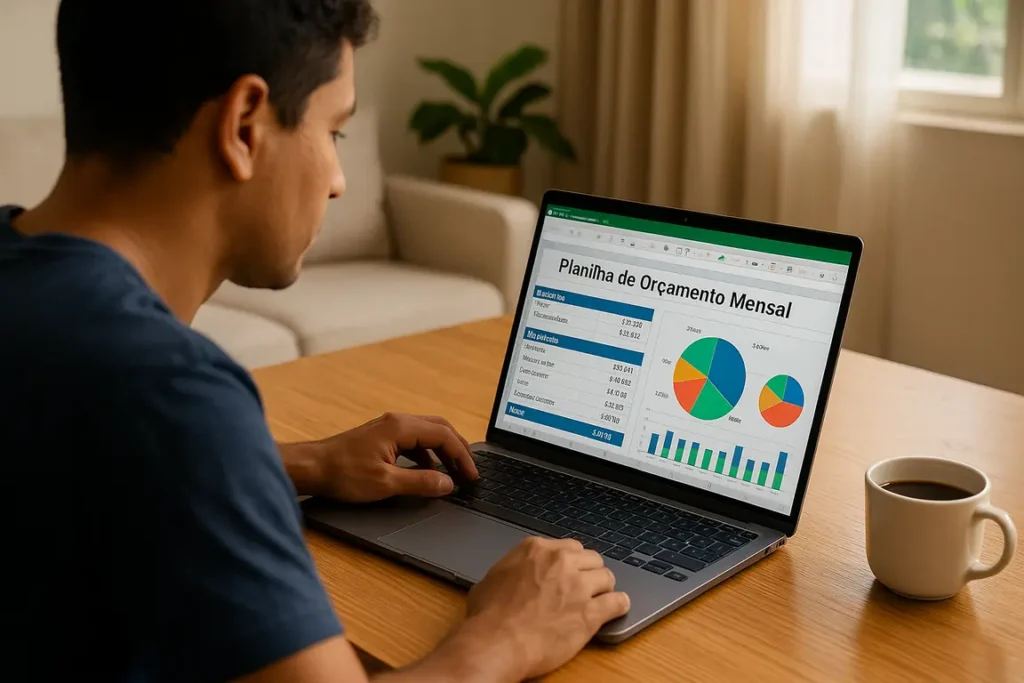 Homem usando planilha de orçamento mensal no notebook com gráficos coloridos para controlar gastos e receitas pessoais.