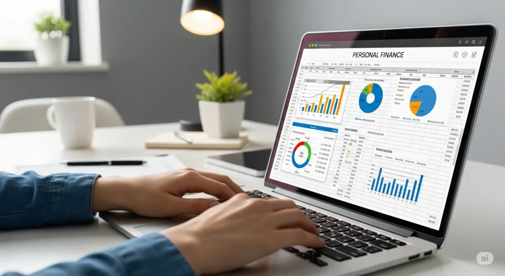 Mulher digita em laptop com "PERSONAL FINANCE" na tela, gráficos e tabelas visíveis, focando em planilhas de finanças pessoais.