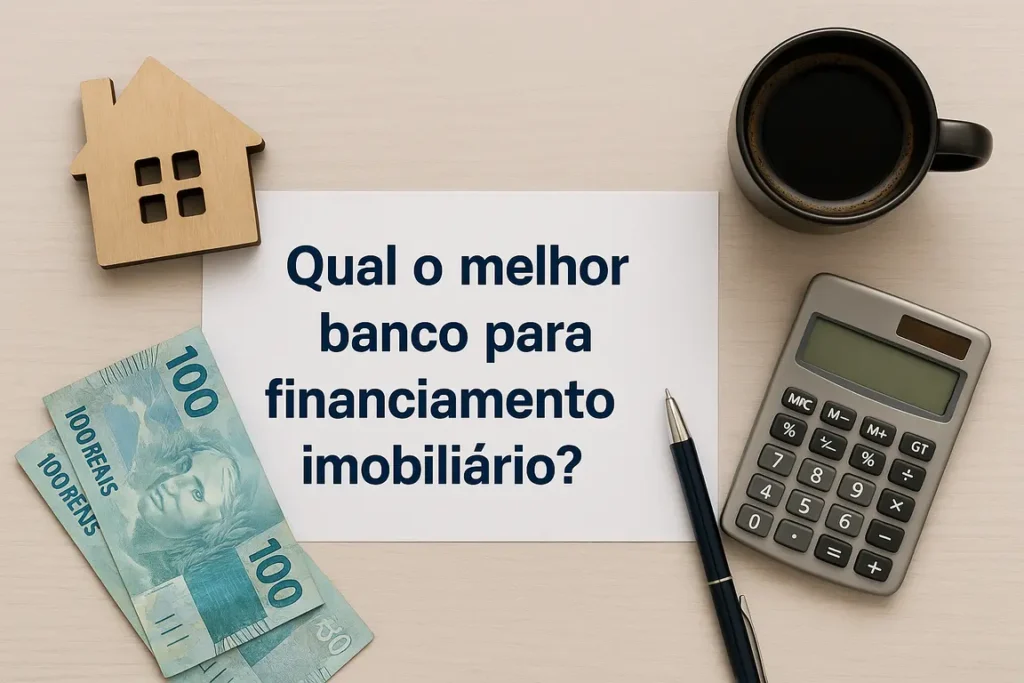 Imagem com cédulas de 100 reais, calculadora, café e texto Qual o melhor banco para financiamento imobiliário? sobre mesa clara.