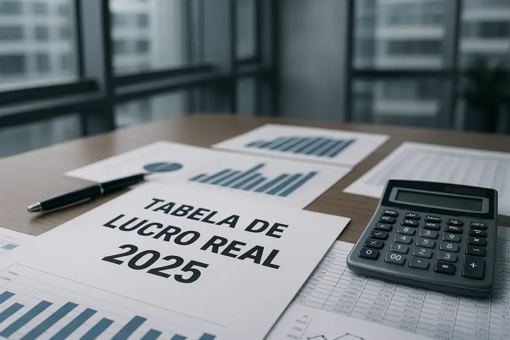 Imagem horizontal mostrando empresários analisando gráficos financeiros e tabela de impostos, representando o Lucro Real 2025 de forma profissional.