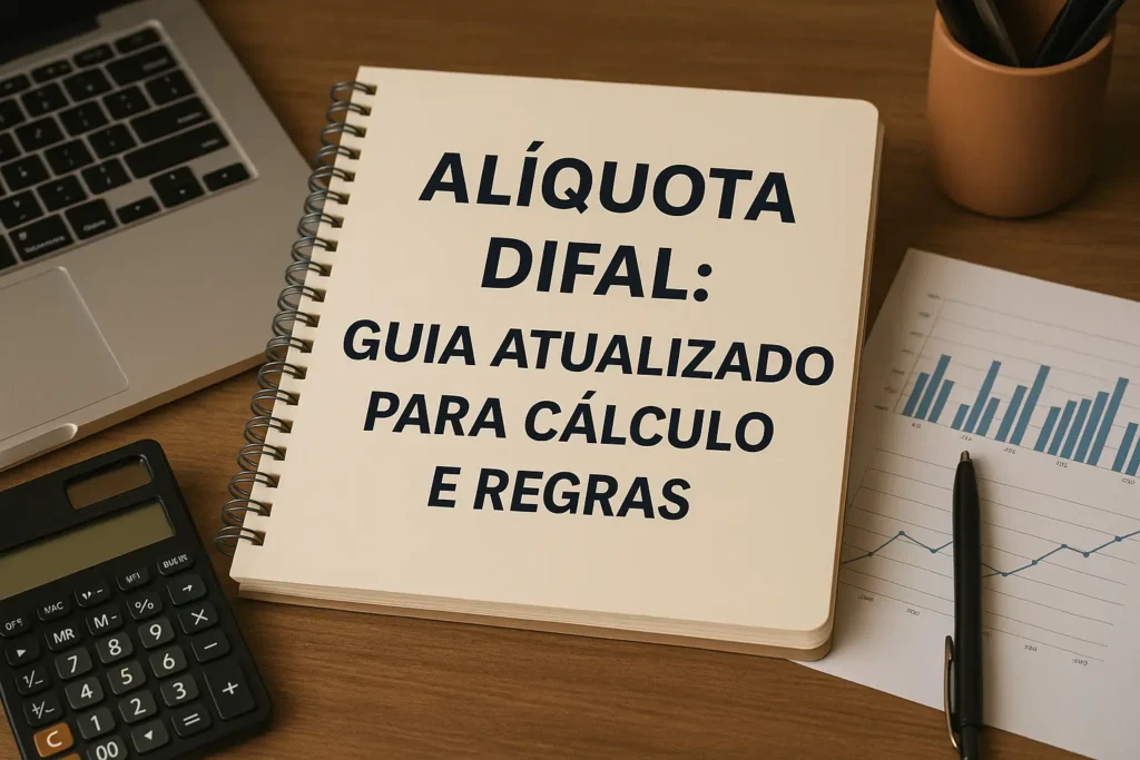 Caderno com o título Alíquota Difal: Guia Atualizado para Cálculo e Regras sobre mesa com laptop, gráficos e calculadora.