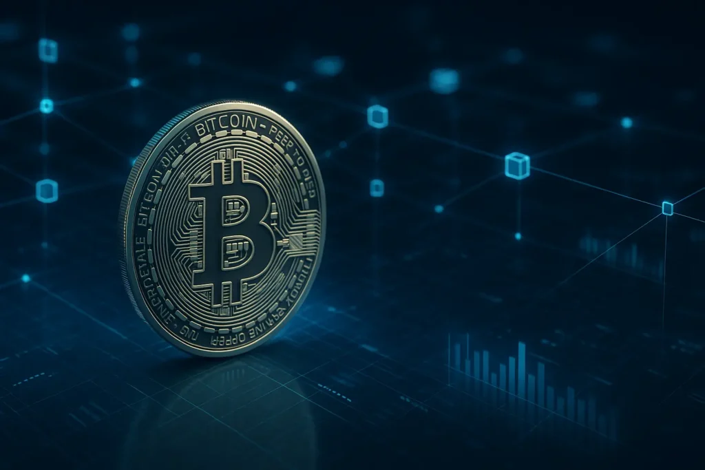 Imagem horizontal realista mostrando uma moeda Bitcoin dourada sobre fundo digital azul, com elementos de blockchain e tecnologia financeira moderna.