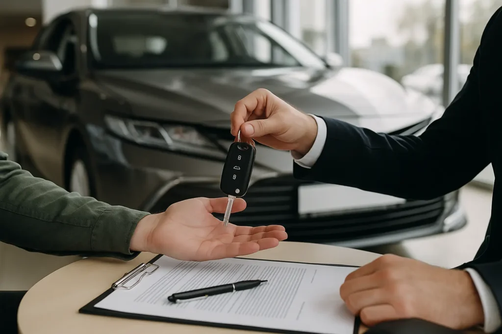 Pessoa recebendo chave de carro em concessionária, com contrato sobre a mesa, simbolizando venda ou troca de veículo financiado.