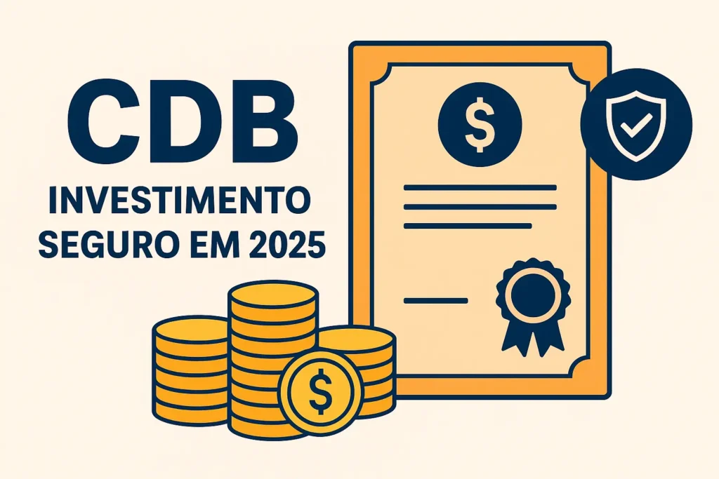 Imagem com certificado, moedas e escudo representa o CDB como investimento seguro e rentável para 2025, com proteção do FGC.