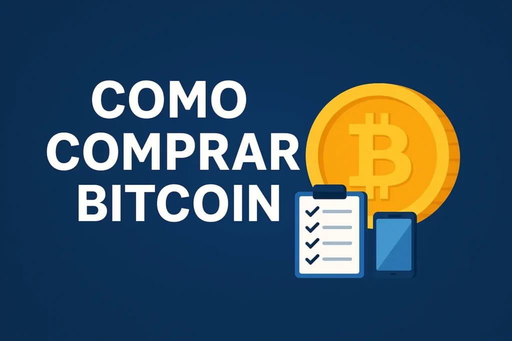 Imagem com o título Como Comprar Bitcoin, mostrando um ícone de bitcoin, checklist e celular em fundo azul, representando segurança e guia.