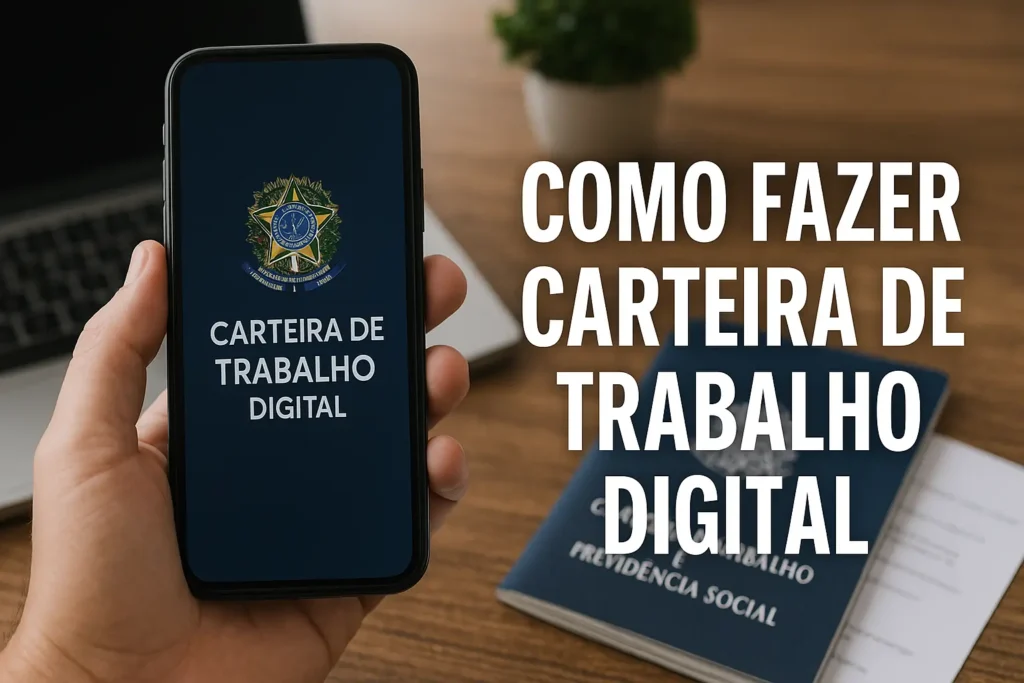 Pessoa segura celular com app da Carteira de Trabalho Digital aberto; mesa ao fundo com laptop e documento físico oficial