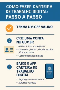 Infográfico mostra como fazer carteira de trabalho digital com 3 passos: CPF, conta no Gov.br e download do app oficial.