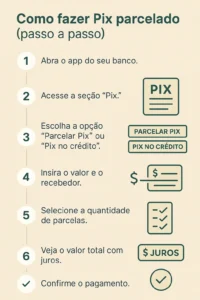 Infográfico mostra passo a passo de como fazer Pix parcelado: abrir app, escolher parcelas, inserir dados e confirmar o pagamento.