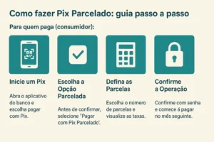 Infográfico passo a passo mostra como fazer Pix Parcelado: iniciar no app, escolher opção parcelada, simular e confirmar pagamento.