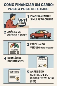 Infográfico detalha etapas para financiar um carro, incluindo simulação online, análise de crédito e assinatura do contrato.