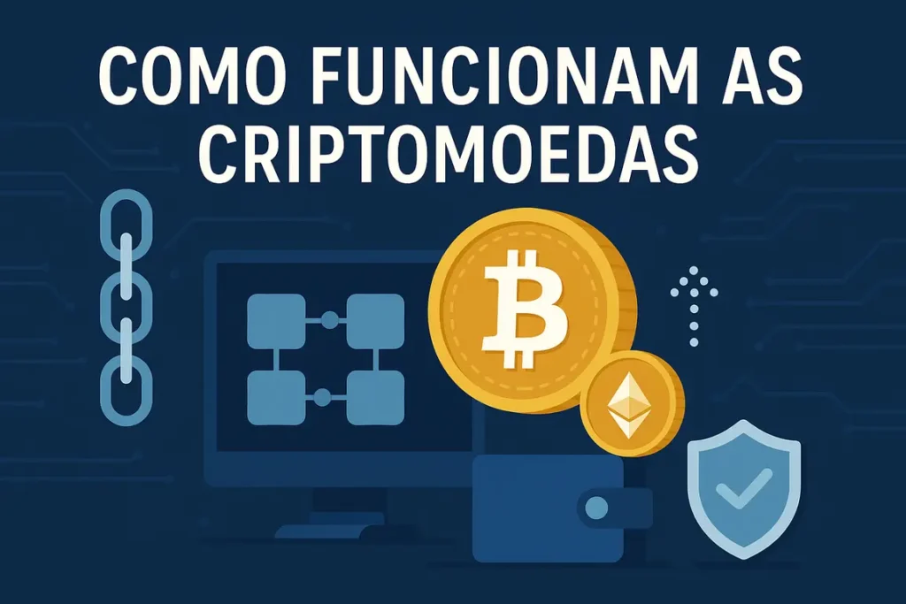 Imagem ilustrativa com moedas Bitcoin e Ethereum, carteira digital, blockchain e cadeado, representando como funcionam as criptomoedas.