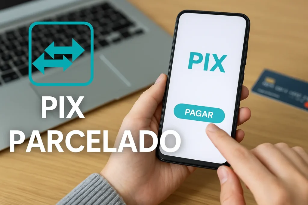 Imagem mostra uma mão segurando celular com tela de pagamento via Pix Parcelado, ao lado de cartão de crédito e ícones de juros.
