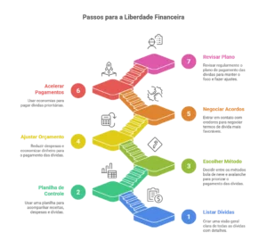 Infográfico com etapas práticas para quem busca como sair das dívidas, incluindo diagnóstico, corte de gastos e negociação.