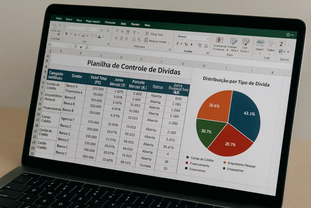 Planilha digital exibindo gráficos e dados financeiros para ajudar quem busca como sair das dívidas com organização e estratégia.