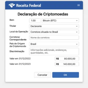 Tela do sistema da Receita Federal com formulário de declaração de criptomoedas preenchido com dados de Bitcoin e valores anuais.