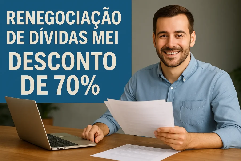 Empreendedor MEI confiante sentado à mesa com notebook e documentos, simbolizando sucesso na renegociação de dívidas com desconto de até 70%.