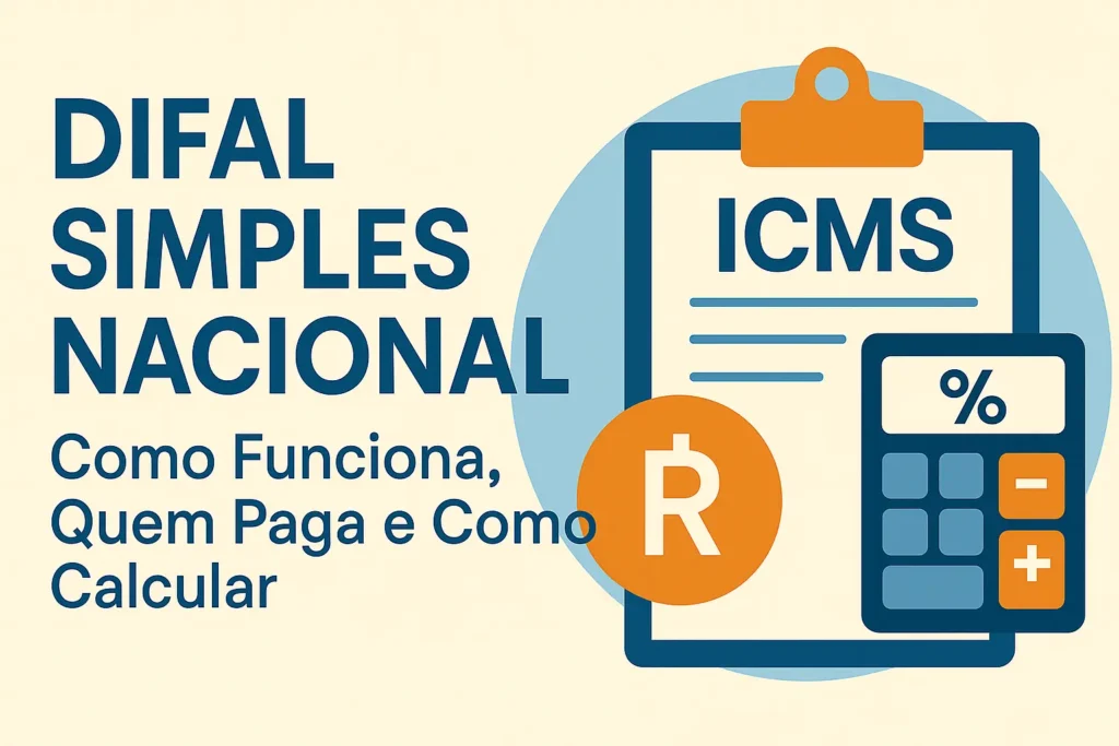 Imagem ilustrativa sobre DIFAL Simples Nacional, com título centralizado e ícones de ICMS, calculadora e símbolo do Real ao lado.