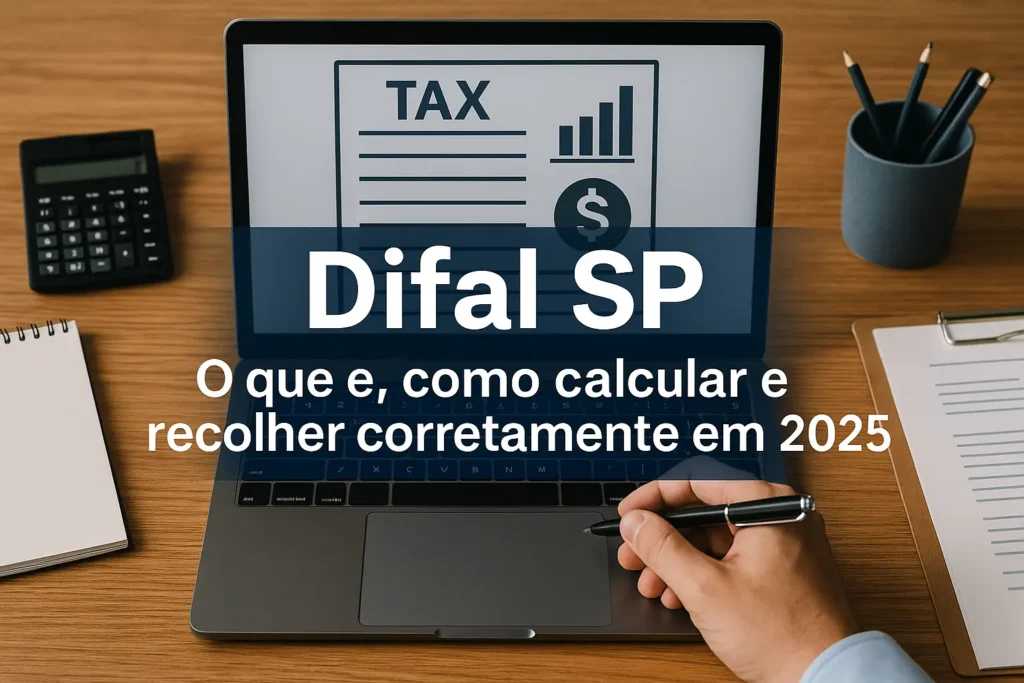 Imagem com notebook exibindo gráfico de impostos, calculadora e bloco de notas ilustrando como calcular e recolher o Difal SP em 2025.