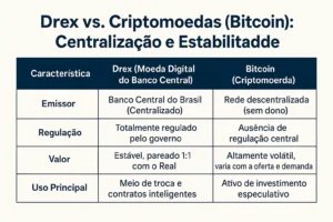 Infográfico compara Drex e Bitcoin em quatro pontos: emissor, regulação, valor e uso, destacando centralização e estabilidade.