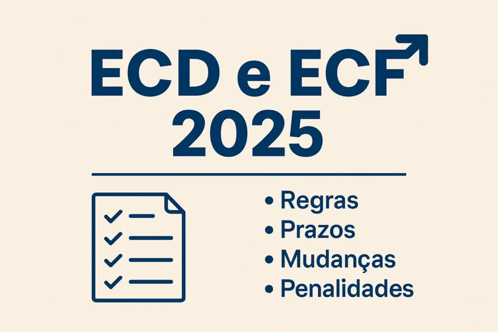 Imagem com destaque para ECD e ECF 2025, mostrando regras, prazos, mudanças e penalidades das obrigações fiscais do SPED